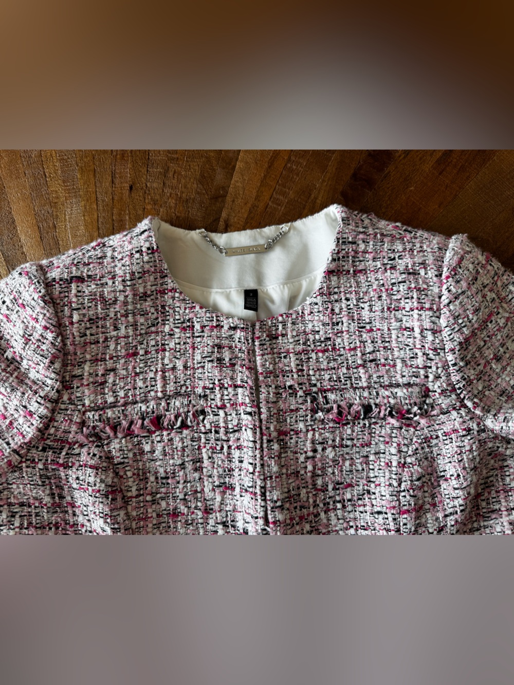White House Black Market Pink and White Tweed Collarless Blazer - Picture 16 of 16